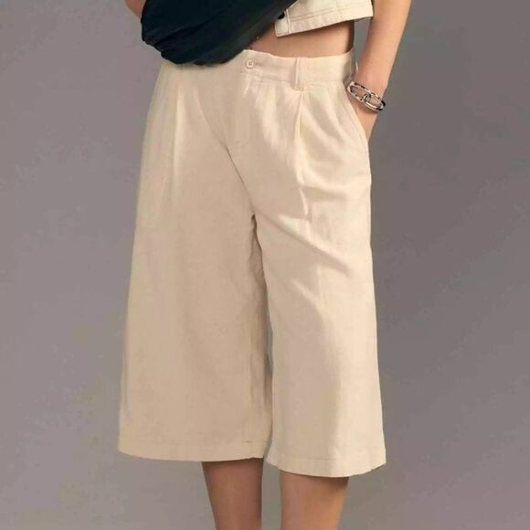 ANTHROPOLOGIE PILCRO‎ Pants Womens 4 Cream Cargo Culottes Linen Wide Leg Cropped - Picture 1 of 12